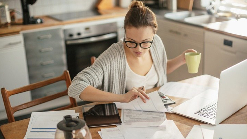 A women working from home at a table